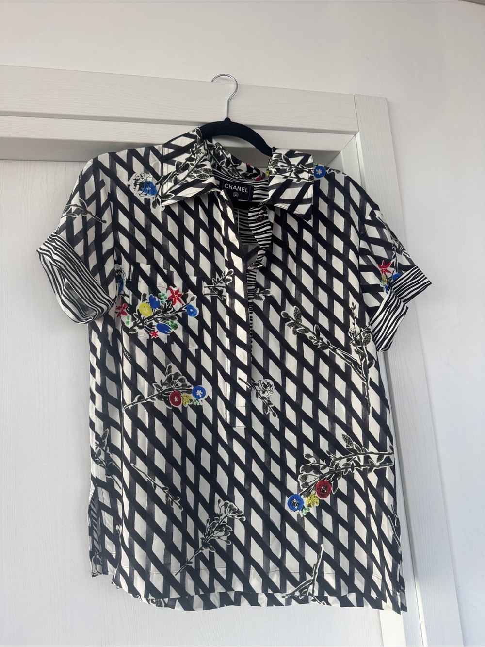 CHANEL Black & White Geometric Floral Shirt
